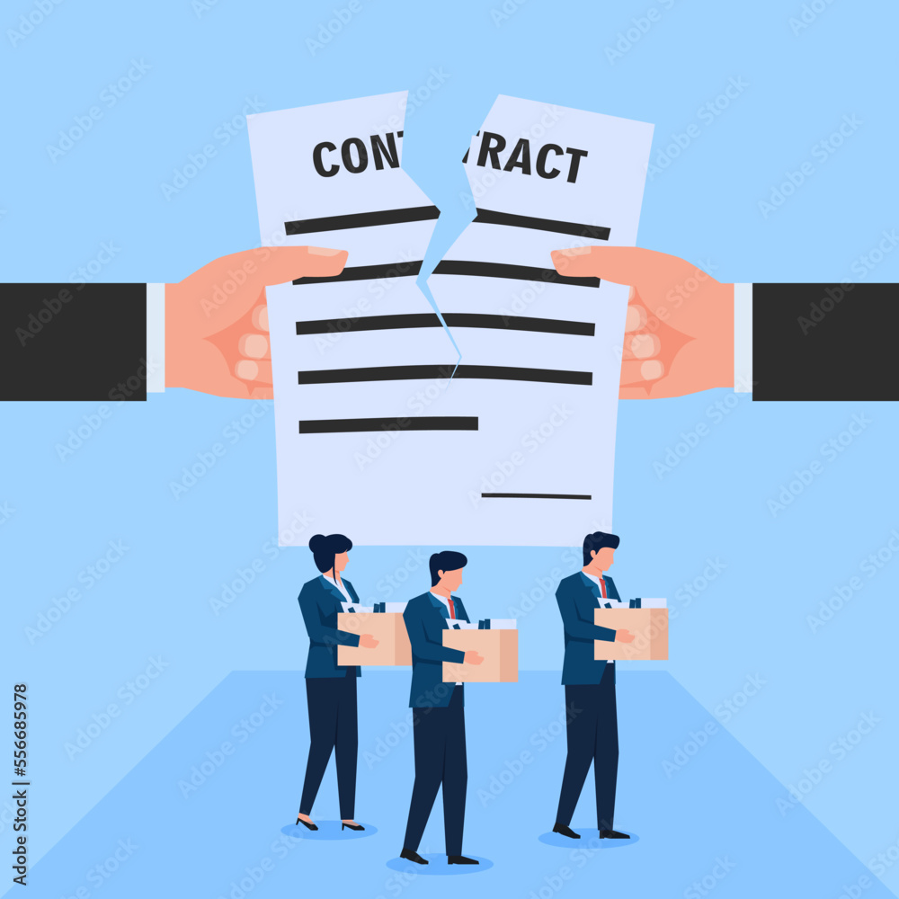 Fototapeta premium Hand tearing contract while employees out of office with their stuff metaphor of termination of employee