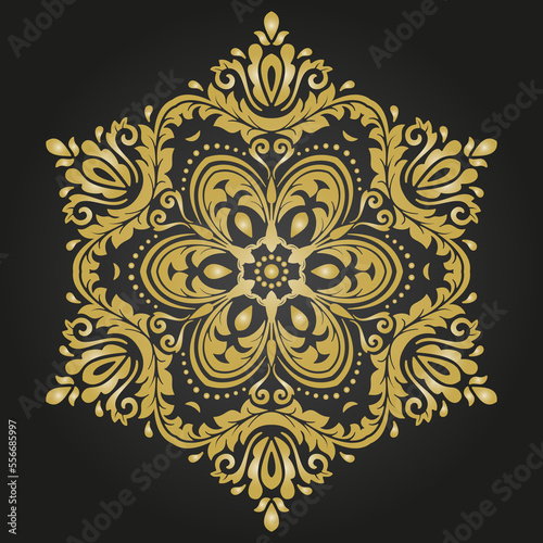 Oriental pattern with arabesques and floral elements. Traditional classic golden round ornament. Vintage pattern with arabesques