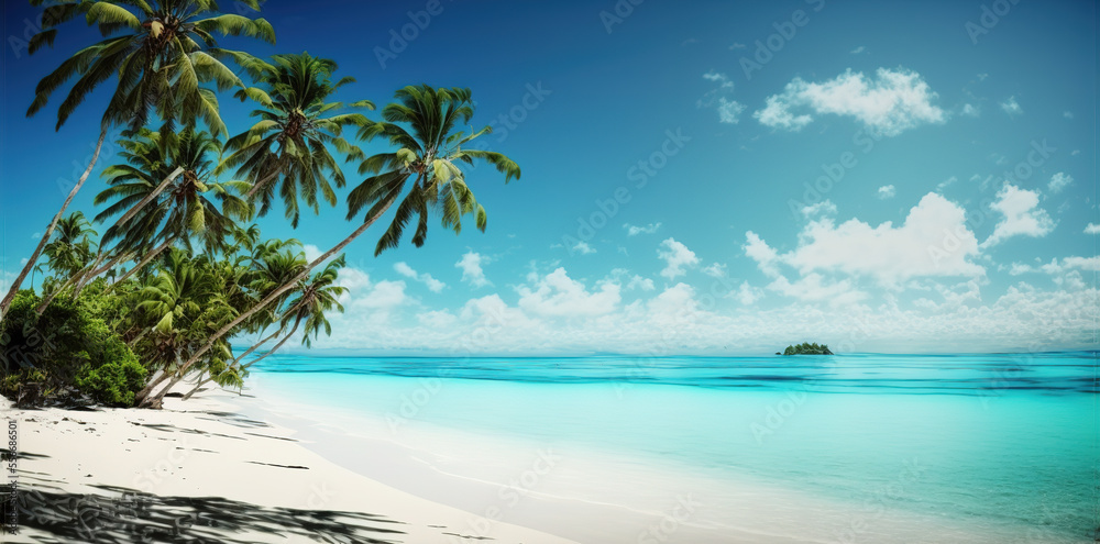 Beach Panorama with blue water and palm trees with negative space for texting  for sea hotels and resorts  generative ai 