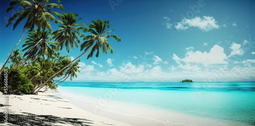 Beach Panorama with blue water and palm trees with negative space for texting for sea hotels and resorts generative ai 