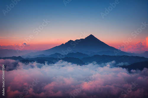 Panoramic view of sunset mountains covered with clouds. AI