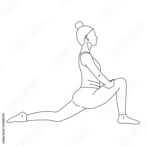 Line art of woman doing yoga in deeo lunge pose vector.