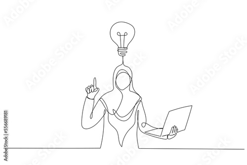 Drawing of astonished muslim businesswoman direct finger up find out solution. Single continuous line art style