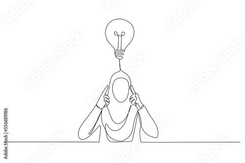 Cartoon of stressed muslim businesswoman contemplate think hard for ideas touch forehead with fingers. One line art style