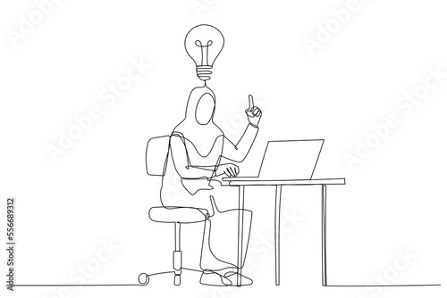 Illustration of happy muslim businesswoman working at his desk and creating a lot of idea bulbs. One line style art