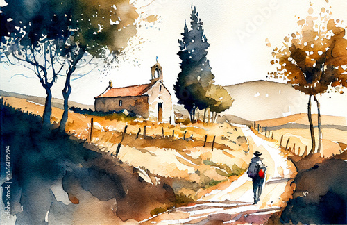 Way of St James , Camino de Santiago, Spain, watercolor landscape