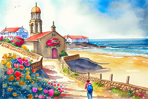 Way of St James , Camino de Santiago, Spain, watercolor landscape