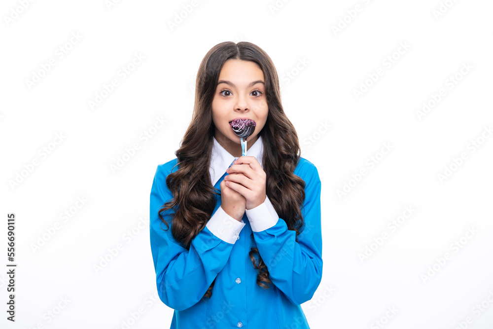 Teen girl hold lollipop caramel on white isolated background, candy shop. Teenager with sweets suckers. Teen girl hold lollipop caramel on white isolated background, candy shop. Teenager with sweets suckers.