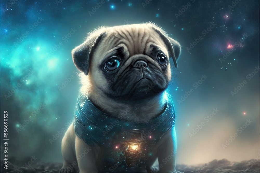 Generative AI illustration of the space french bulldog on the background of outer space. Beautiful fantastic wallpaper. Futuristic concept art.