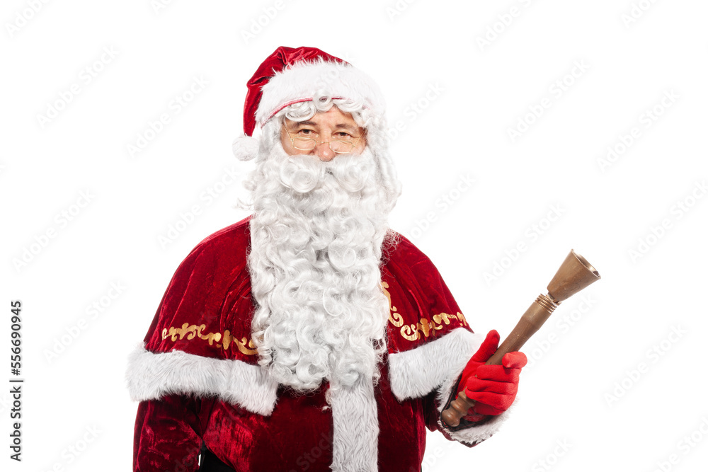 santa claus with ring bell studio portrait on white background