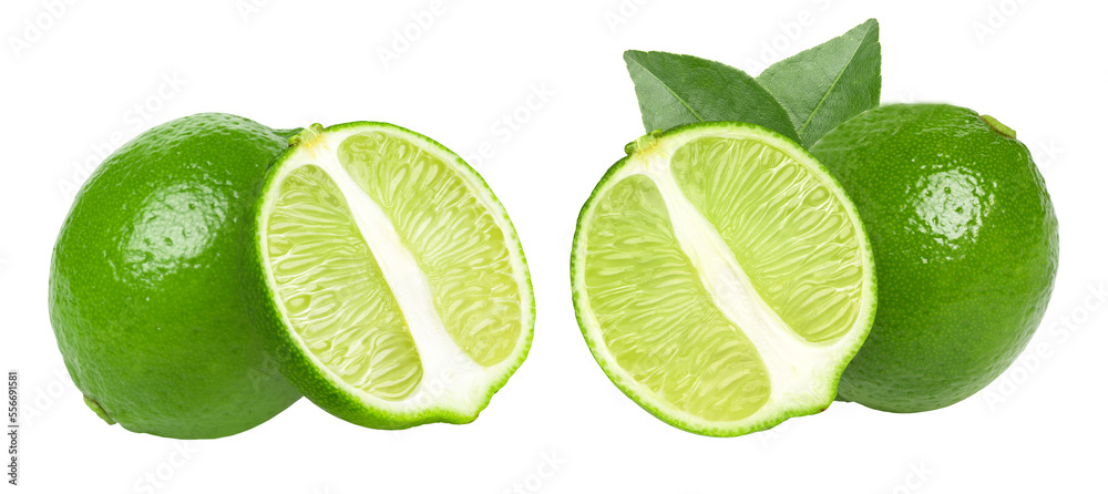Fresh lime, slice and half with leaves isolated, transparent png, collection, PNG format, cut out