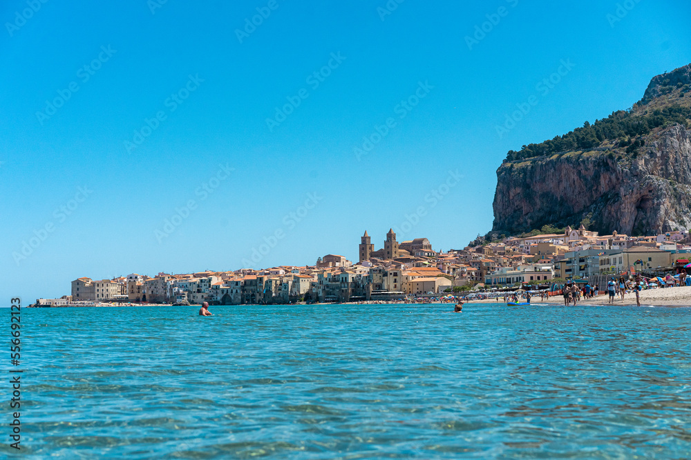Spectacular View of Cefalù City on the Coastline during Summer in Italy