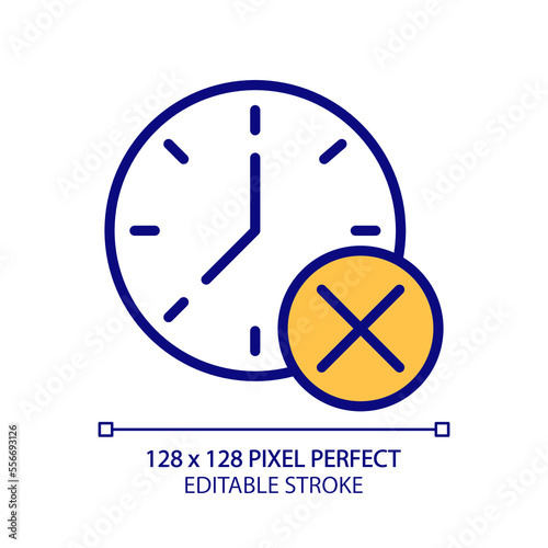 Clock with cross mark pixel perfect RGB color icon. Digital watch with x sign. Canceling appointment. Isolated vector illustration. Simple filled line drawing. Editable stroke. Arial font used