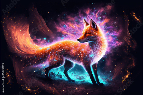 A colorful glowing fox mythical creature created with Generative AI technology photo