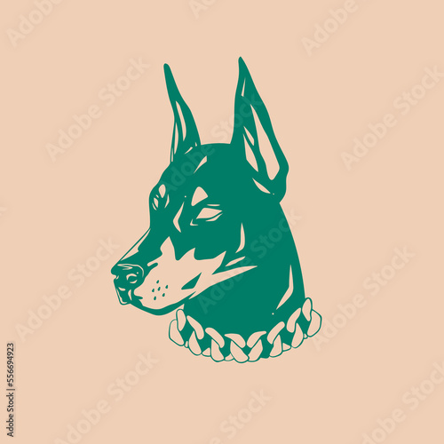 Portrait of a Doberman dog. Abstract green dog's head. Calm dog with chain collar. Hand drawn modern isolated Vector illustration. Tattoo idea, t-shirt print, dog training logo template