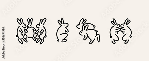 Various doodle Bunnies. Dancing, standing, fighting, running rabbits. Hand drawn Vector illustration. Cute simple cartoon creatures. Icon, logo, print templates. Isolated elements. New year symbol
