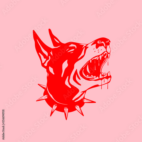 Portrait of a Doberman dog. Abstract red dog's head. Barking dog with spiked collar. Hand drawn modern isolated Vector illustration. Tattoo idea, t-shirt print, dog training logo template