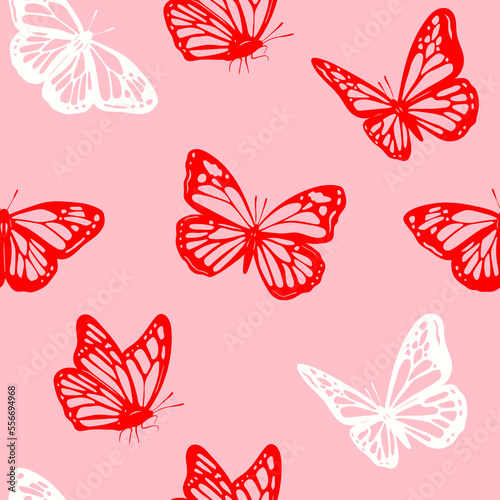 Red and white outline Butterflies. Beautiful nature flying insects. Butterfly silhouettes. Hand drawn modern Vector illustration. Square seamless Pattern. Pink Background, wallpaper
