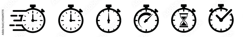 © Vilogsign - Timers icon set. Stopwatch symbol. countdown Timer vector. Hourglass or Sand clock sign. Check clock, Fast time symbol illustration