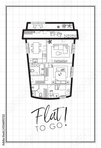 Construction drawing in to go cup of coffee silhouette, living room, bathroom, kitchen, bedroom with lettering flat drawing on white background.