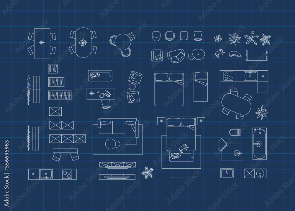 Construction drawing furniture icons for living room, bathroom, kitchen, bedroom drawing on blue background.