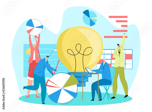 Business creative teamwork, vector illustration. Group people in office discuss project plan, analyze idea success, joint brainstorming.