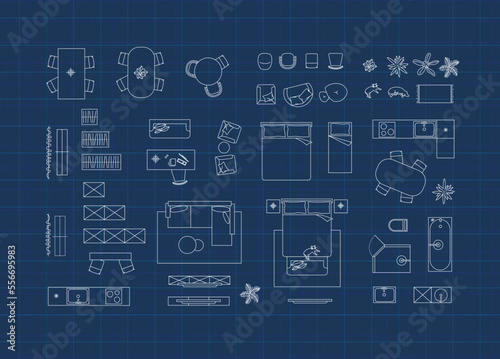 Obraz na płótnie Construction drawing furniture icons for living room, bathroom, kitchen, bedroom drawing on blue background. w salonie
