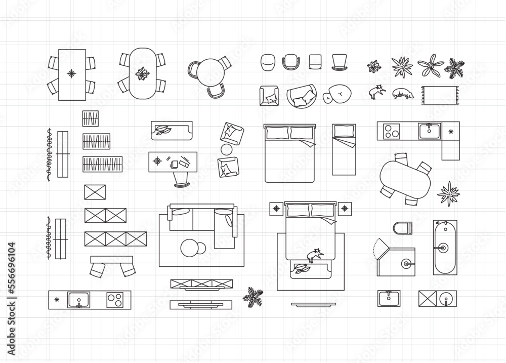 Construction drawing furniture icons for living room, bathroom, kitchen, bedroom drawing on white background.