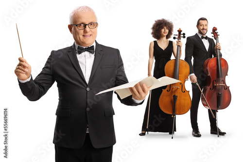 Male conductor and artists posing with cellos