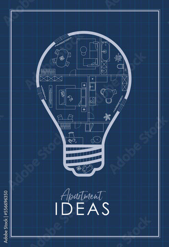 Construction drawing in lightbulb silhouette, living room, bathroom, kitchen, bedroom with lettering apartment ideas drawing on blue background.