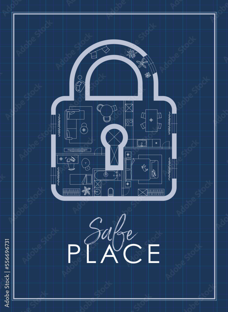 Construction drawing in lock silhouette, living room, bathroom, kitchen, bedroom with letteringsafe place drawing on blue background.