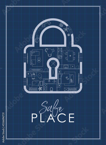 Obraz na płótnie Construction drawing in lock silhouette, living room, bathroom, kitchen, bedroom with letteringsafe place drawing on blue background. w salonie