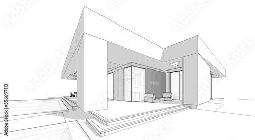 3d rendering of new concrete house in modern style with pool and parking for sale or rent and beautiful landscaping on background.  Black line sketch with soft light shadows on white background. © korisbo