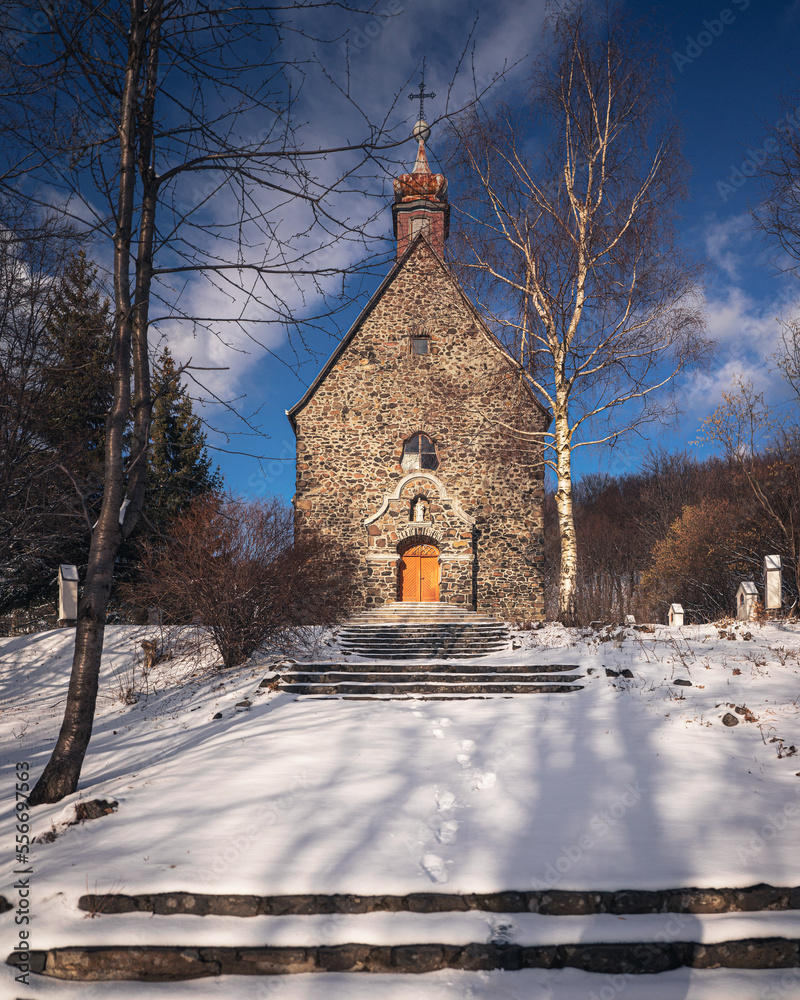 Old stone temple in Mátra, Hungary in winter