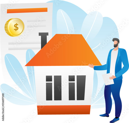 Mortgage concept vector illustration. Flat people man woman character get cash banking loan for buying house, financial agreement