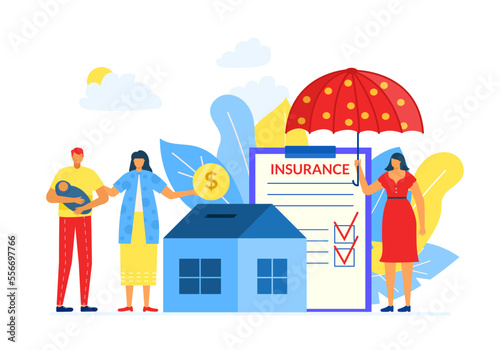 Family property house insurance, vector illustration. Flat business service for finance care protection, woman agent character save couple house