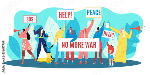 Protest for peace, demonstration against stop war, vector illustration. Man woman people character hold cartoon banner, crowd riot for international freedom.