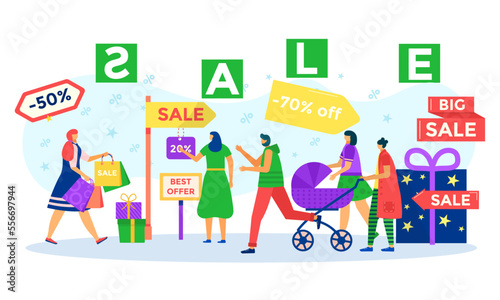Discount sale for man woman customer in store, vector illustration. People ch...