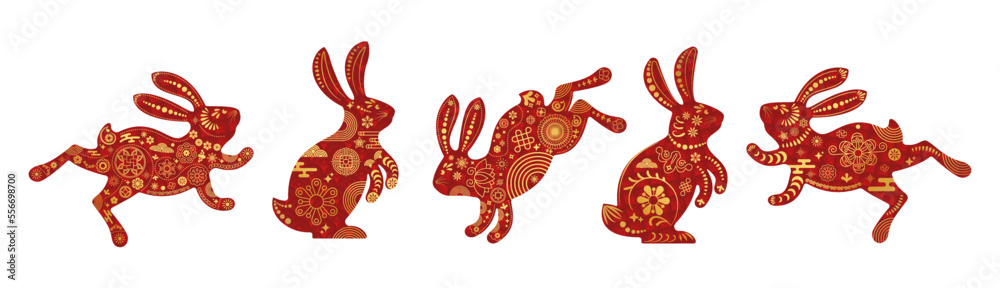 Obraz premium Red cute bunny. Rabbit icon. Zodiac animals with traditional Chinese pattern