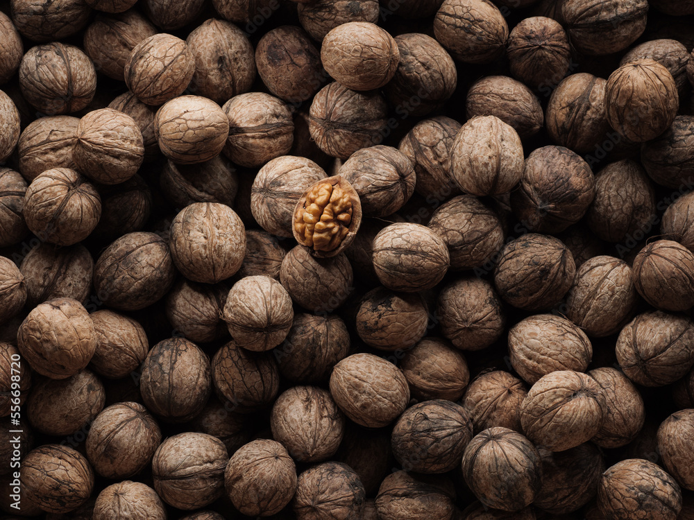 Walnut kernels and whole walnuts. Walnut kernels and whole walnuts.