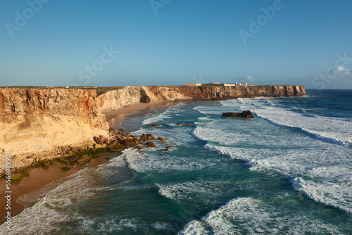 Beautiful aerial view of the Praia do Tonel and Fortaleza de Sagres in Portugal