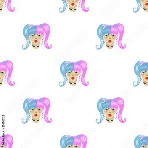 E girl illustration of a girl with pink and blue hair, red lips. There are red hearts on the cheeks under the eyes. Seamless pattern for fabric, textile, wrapping paper.