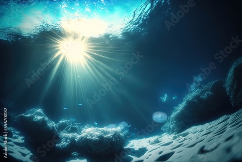 beautiful illustration nature background of seascape  underwater with light shine trough water surface