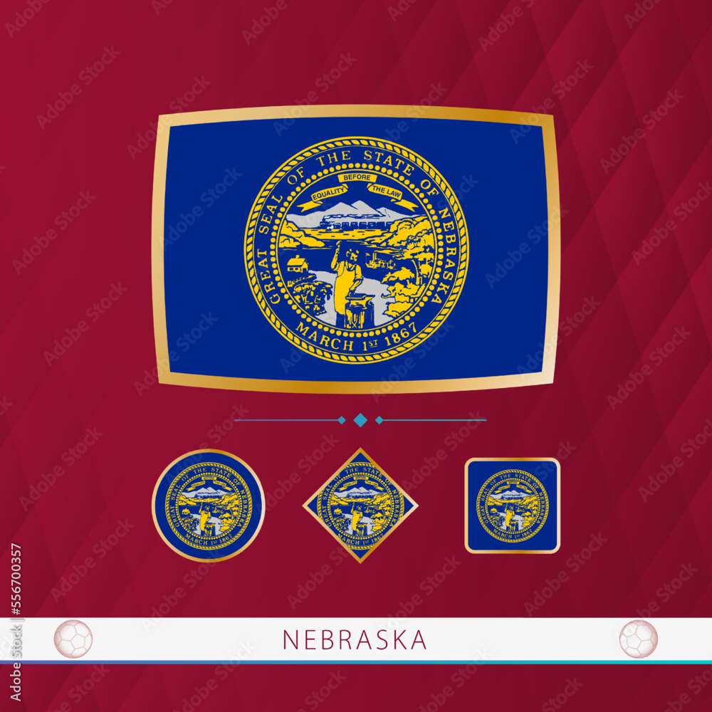 Set of Nebraska flags with gold frame for use at sporting events on a burgundy abstract background.