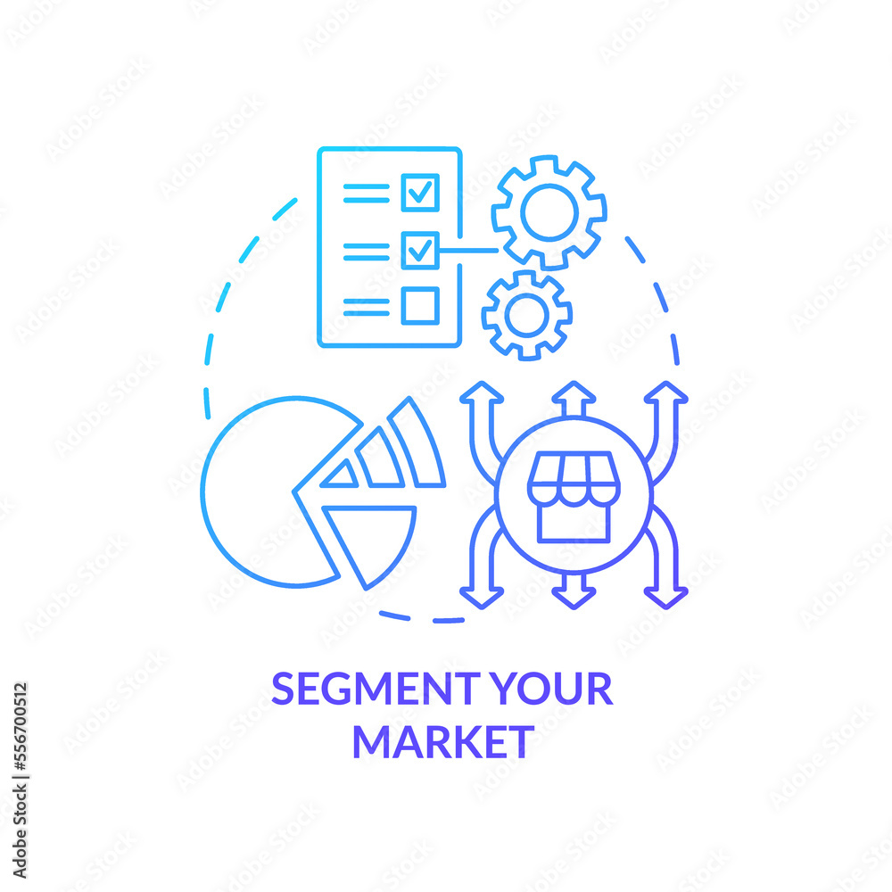 Segment your market blue gradient concept icon. Characteristics. Get started with segmentation abstract idea thin line illustration. Isolated outline drawing. Myriad Pro-Bold font used