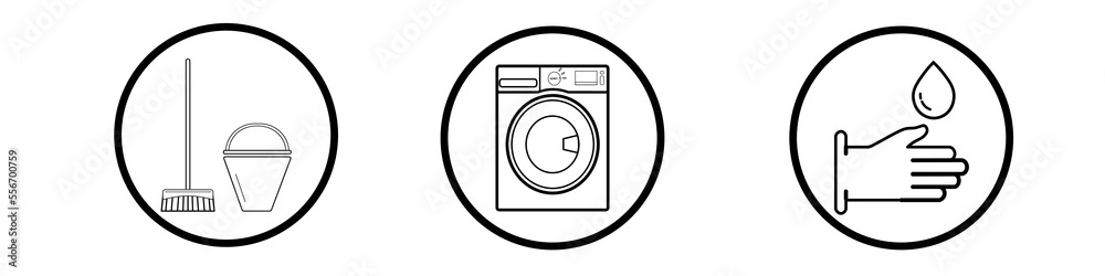 Cleaning line icons, laundry icons, washing machine, cleaning and cleaning equipment, washing the floor, hand washing. Cleaning line icons, laundry icons, washing machine, cleaning and cleaning equipment, washing the floor, hand washing.
