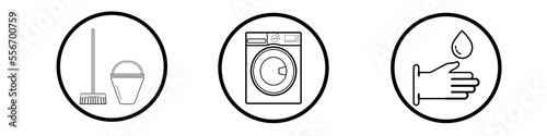 Cleaning line icons, laundry icons, washing machine, cleaning and cleaning equipment, washing the floor, hand washing.