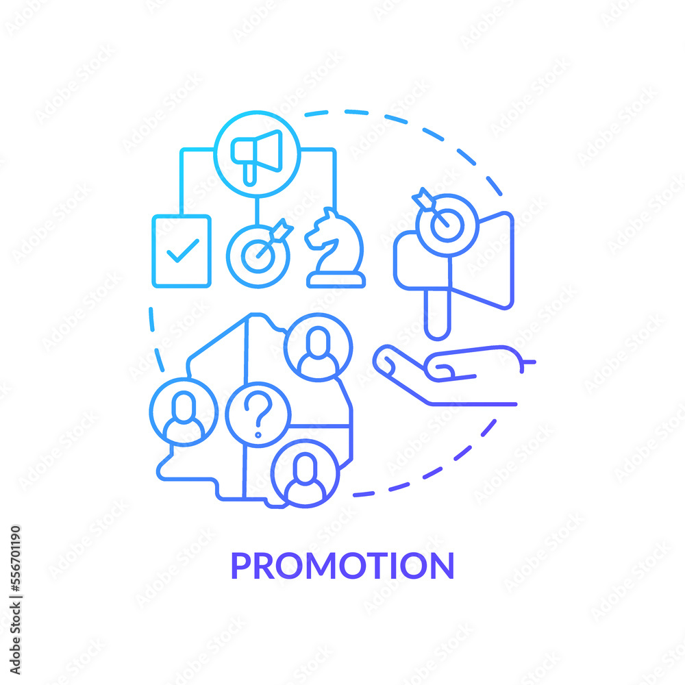 Promotion blue gradient concept icon. Product advertising campaign strategy. Four P marketing mix abstract idea thin line illustration. Isolated outline drawing. Myriad Pro-Bold font used Promotion blue gradient concept icon. Product advertising campaign strategy. Four P marketing mix abstract idea thin line illustration. Isolated outline drawing. Myriad Pro-Bold font used