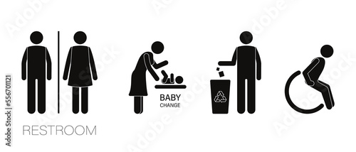 Restroom icons. WC signs vector. Toilet signs. Man and woman, Baby change, Recycling and Disabled sign.