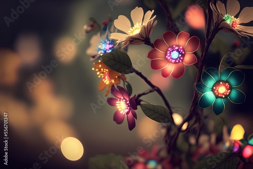 illustration abstract background of glitter glow fairy lights  string lights with bokeh with flower